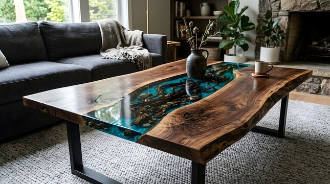 Stunning live edge walnut coffee table featuring a vibrant turquoise blue river epoxy inlay design