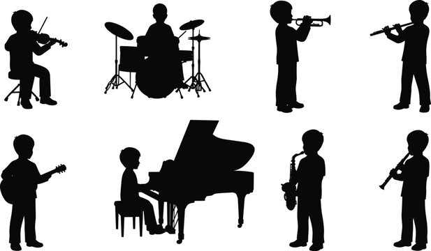 Silhouette vector illustration of children playing violin, drum set, trumpet, flute, guitar, piano, saxophone, clarinet, music education diversitySilhouette