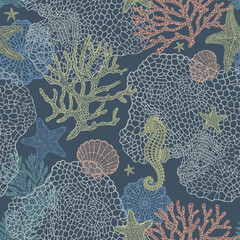 Airy seamless marine lace vector pattern with coral and starfish on a dark background. Elegant modern ornamental design inspired by lace, ideal for fashion textiles, luxury fabric prints and © Zenina-Lembrik