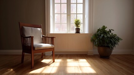 Fototapeta premium Sunlit room with a wooden armchair and a potted plant natural light casting shadows on the floor