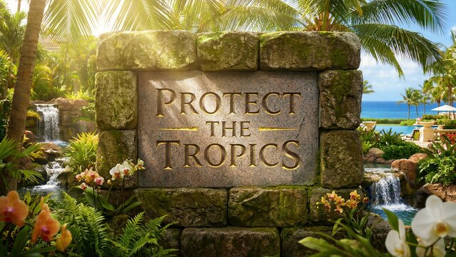 A substantial, moss-covered stone sign, weathered by time and nature, prominently displays the critical environmental plea 'Protect the Tropics,' with elegantly carved golden letters, advocating for