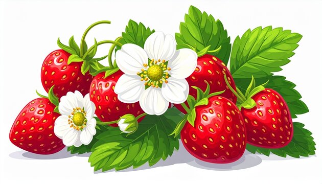 Vibrant Strawberry Still Life with Blossoms and Lush Greenery.