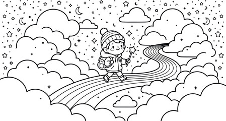 Fototapeta premium Adobe Illustrator Artwork tiny character walking on rainbow path between clouds book cover line art.