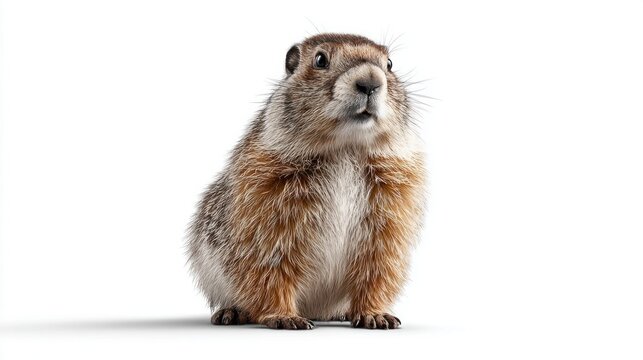 Adorable groundhog sits attentively on a clean white background, looking curious