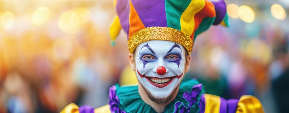 festival performer vibe smiling jester with colorful makeup and hat festive carnival atmosphere vibrant celebration joyful performer entertainment
