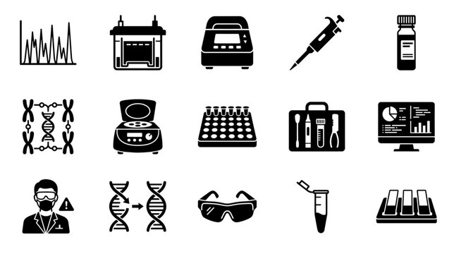 Dna research equipment and analysis icons