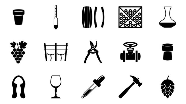 Wine making and winery black glyph icons