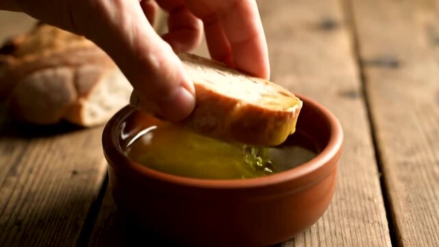 Hand dipping bread in olive oil.