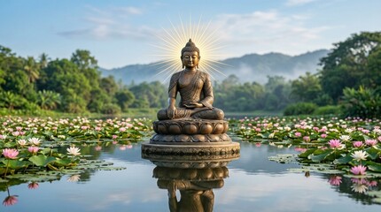 Obraz premium Buddha Statue with Flowers and Light for Buddha Purnima Vesak Spiritual Poster