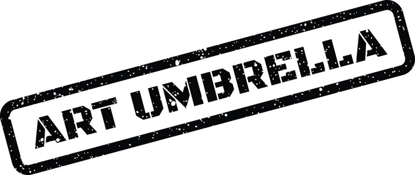 Textured rectangular rubber stamp graphic presenting the phrase ART UMBRELLA for overarching creative concepts