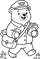 Fototapeta premium Adobe Illustrator Artwork friendly bear postman with mailbag and letters, walking happily book cover line art.