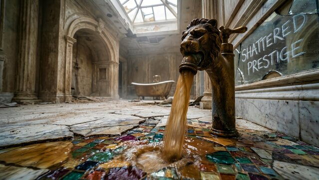 Decaying opulent bathroom features a dramatic lion head faucet spewing brown water onto cracked mosaic tile flooring in ruin