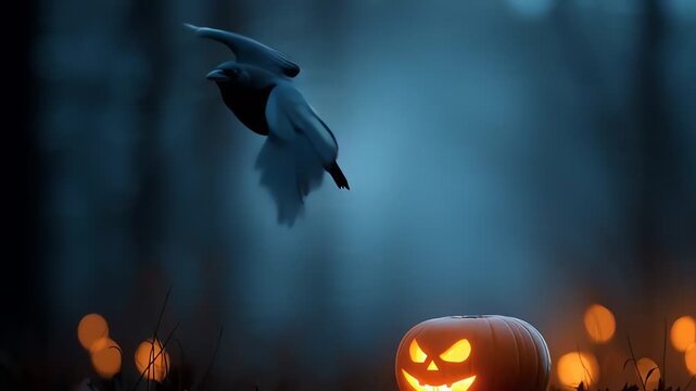 Spooky Halloween Crow Flying from Jack-o-lantern at Night