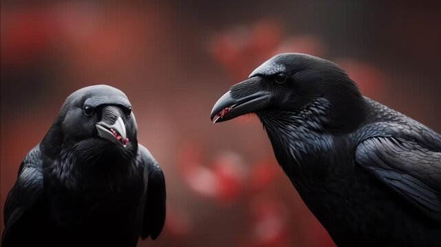 Two Black Ravens Interacting Against Blurred Red Background