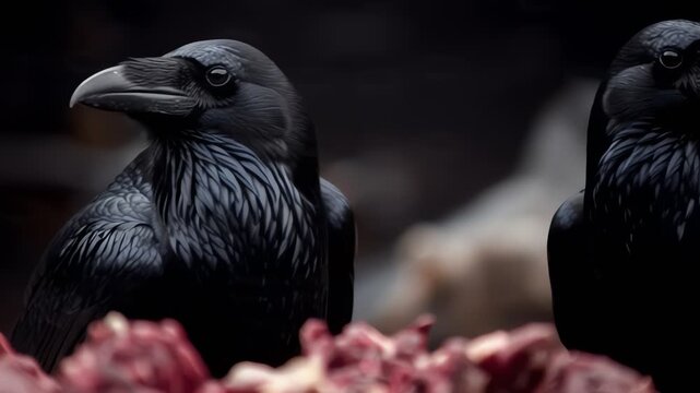 Close up of two black ravens feeding on raw meat
