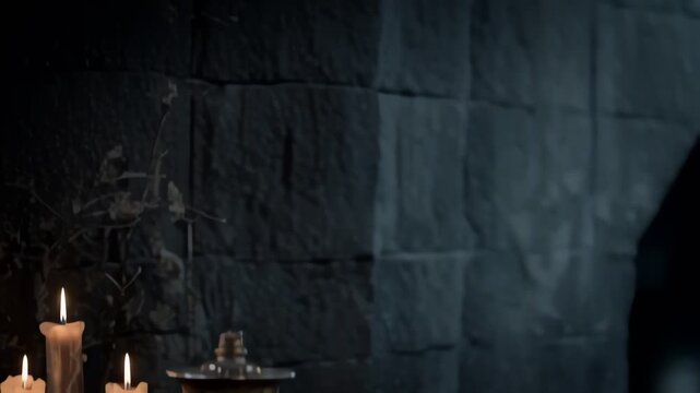 Raven Perched on Ancient Book in Candlelit Room Flying Away