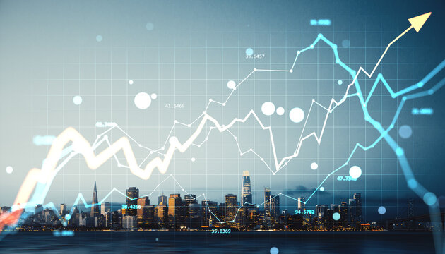 City skyline with glowing financial charts and rising market lines over urban buildings at dusk, showcasing economic growth and creative data trends.
