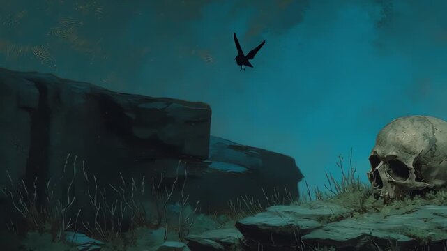 Raven Perched on Human Skull at Night in Dark Rocky Landscape