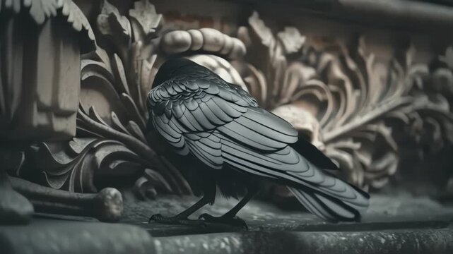 Black Raven Perched on Gothic Stone Ledge Near Human Skull
