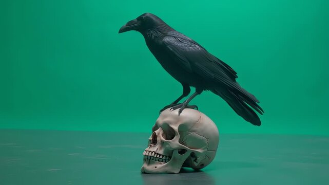 Black Raven Perched on a Human Skull on Green Screen