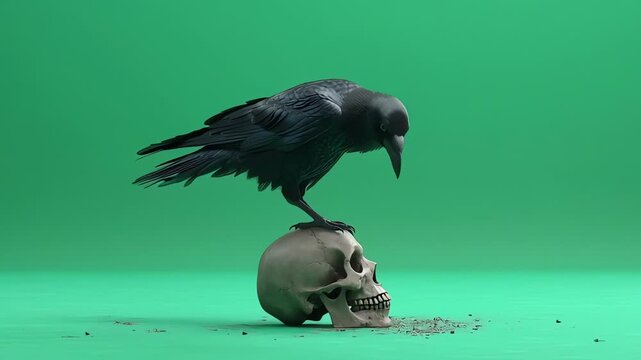 Black Raven Perched on Human Skull Against Teal Background
