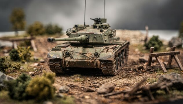 Medium shot featuring a detailed miniature military tank in crisp focus surrounded by outoffocus terrain and foliage enhancing a warzone simulation in scaled model filming.