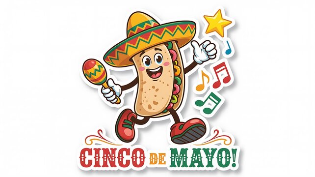 Cinco de mayo celebration concept with cartoon taco character and festive music elements background