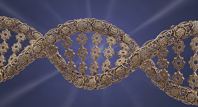 A conceptual 3d rendering of a dna double helix structure infused with intricate islamic patterns