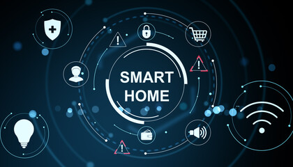Smart home IoT interface symbols on dark tech background showing connected devices network concept for modern automation. 3D Rendering © Who is Danny