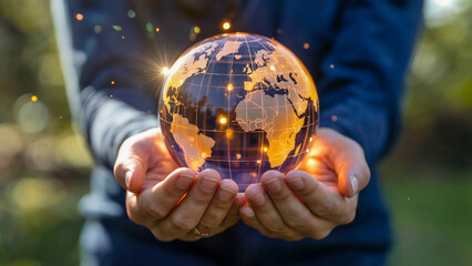 Fototapeta premium A person holding a glowing globe in their hands, symbolizing global care and responsibility.