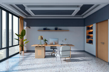 Fototapeta premium Modern empty office interior with contemporary desk, table, and light design in spacious room with large windows and clean background. 3D Rendering