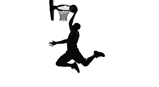 
A basketball player in mid-air dunking a ball into the hoop