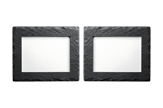 Two black slate stone picture frames isolated on white background with copy space for text