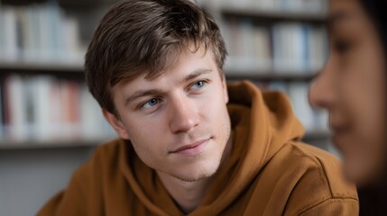 Fototapeta premium Young man with blue eyes in a library wearing a brown hoodie looking thoughtfully towards someone off