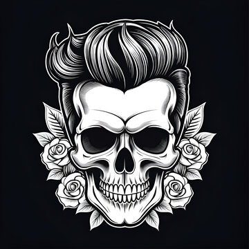 Black and white rockabilly skull illustration with pompadour hairstyle, retro hairstyle hand drawn vector art
