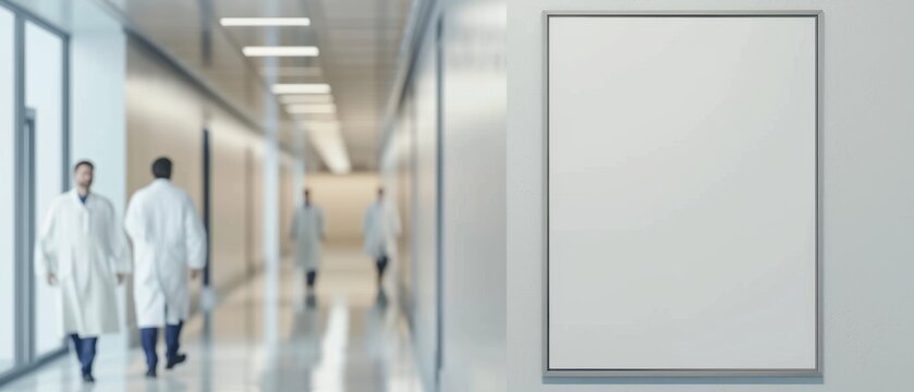 Blank vertical poster mockup on a light beige hospital wall. Blurred background of a modern clinic corridor with three doctors walking. Healthcare advertising template