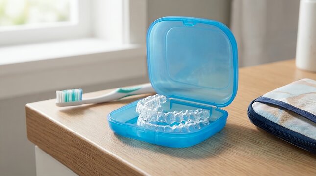 Clear Orthodontic Aligner in Blue Travel Case on Bathroom Counter With Toothbrush