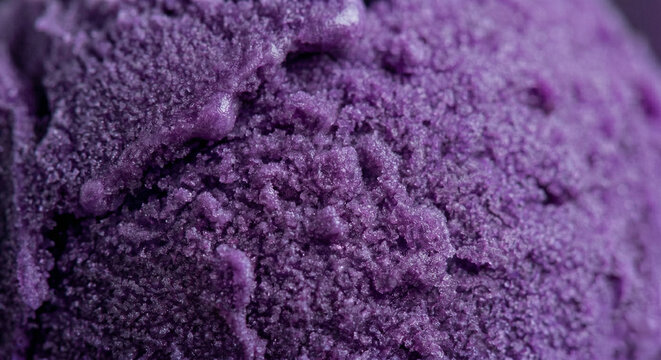Extreme Macro Close-up of Vibrant Frosty Ube Ice Cream Texture with Artistic Scooped Ridges and Glisining Frost Crystals