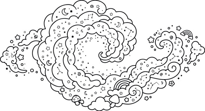 Adobe Illustrator  book cover line art magic dust cloud with tiny stars, soft glow effect.