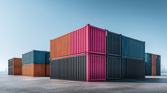 Stacked shipping containers in various colors against a clear blue sky and distant city skyline