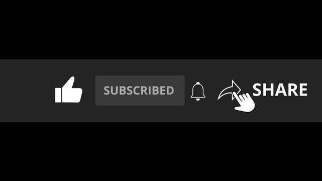 Animation of youtube like subscribe and share buttons with mouse cursor clicking on dark background