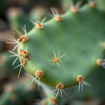 Macro view of a prickly pear cactus pad, focusing on its waxy surface and glochids, with a shallow depth of field creating a blurred natural background.