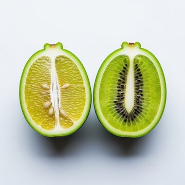Bright green, segmented exotic fruit halves showcasing a tropical fusion between tangy citrus and the sweet, fuzzy texture of kiwi, slice, citrus, fruit