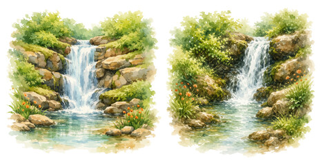 A beautiful collection of watercolor woodland waterfall illustrations, featuring tranquil forest cascades flowing over mossy rocks into clear natural pools isolated on a transparent background. © liana