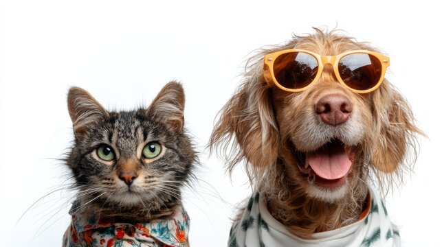 Cat and dog wearing stylish accessories, dog with sunglasses and scarf, cat with patterned collar, both posing against a white background