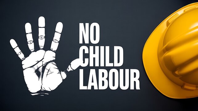 No child labour concept with handprint text and helmet representing social awareness and human rights issue