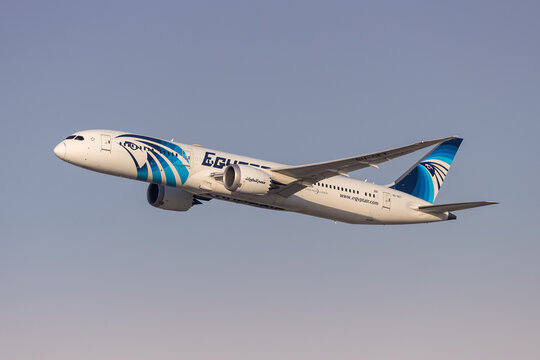 EgyptAir Boeing 787-9 Dreamliner airplane at Dubai airport in the United Arab Emirates