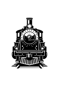 Front view of a vintage steam locomotive with symmetrical composition