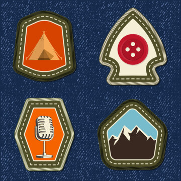 Scout badge with mountain, camping tent, sewing Button, retro microphone. Vector. Merit patch, sticker for camping outdoor and academic activities. For scouting groups, camping events, outdoor apparel