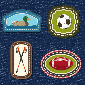 Scout badge with duck, trekking poles, soccer and American football ball. Vector. Merit patch, sticker for camping outdoor and academic activities. For scouting groups, camping events, outdoor apparel